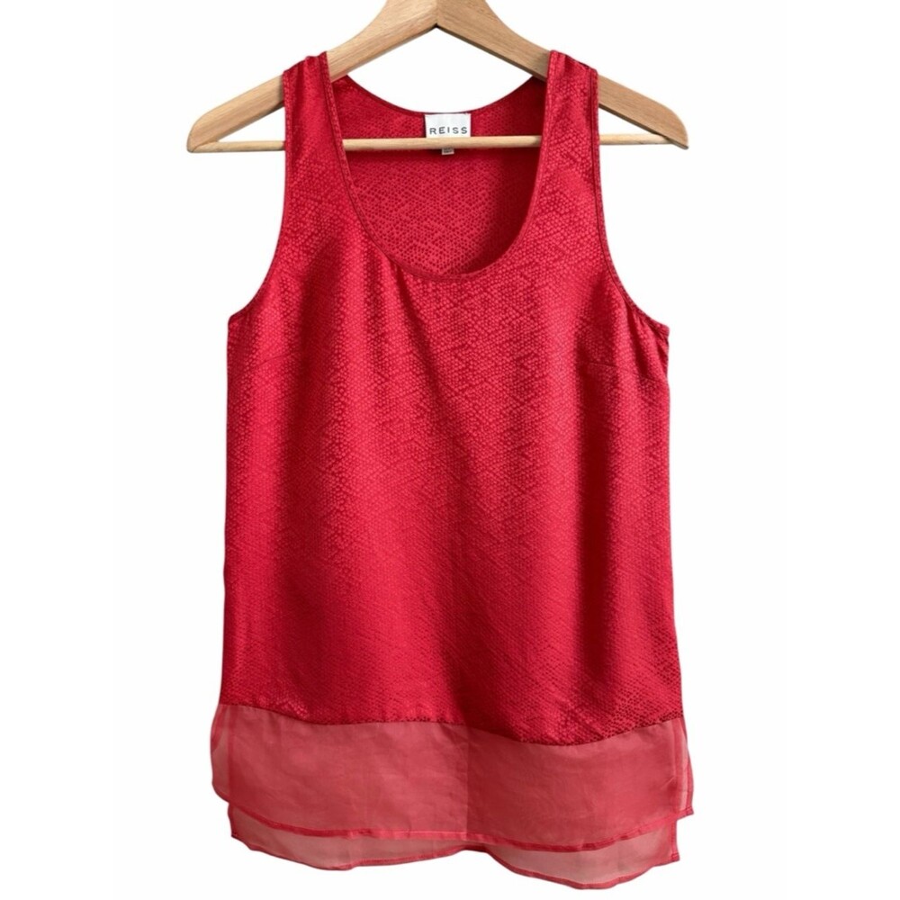 Reiss 100% Silk Textured Sleeveless Sheer Hi Low Mixed Media Top Women Sz 2 Red